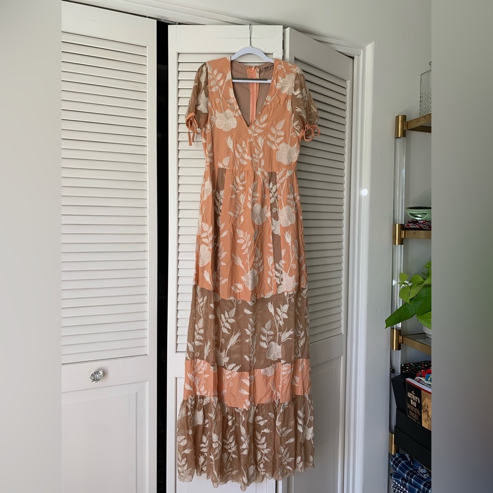 For love and lemons peach and cream v-embroidered maxi dress with tie sleeves